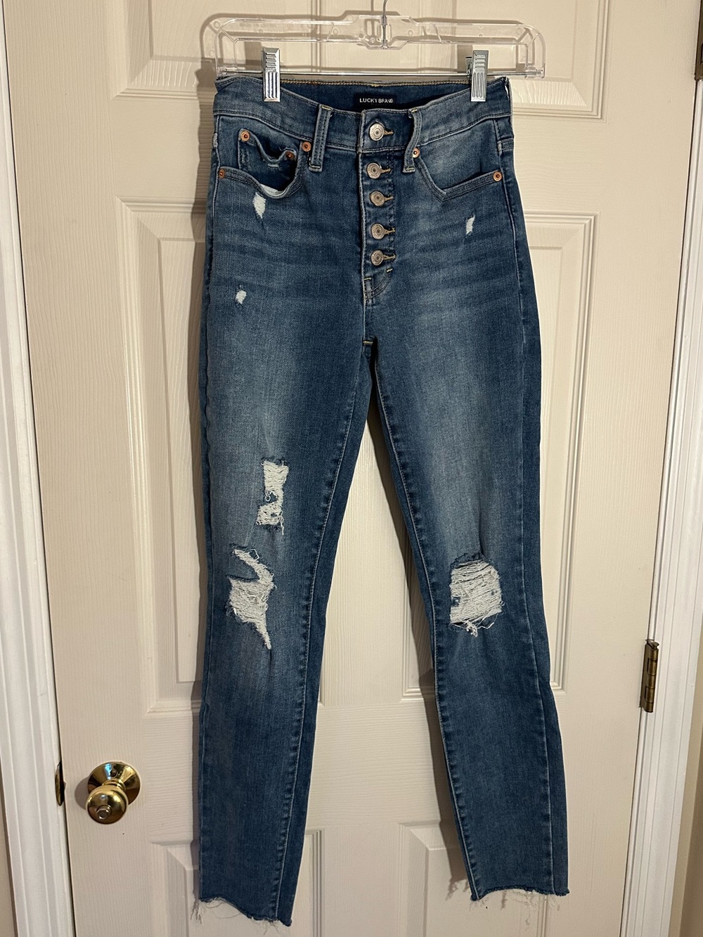 Lucky Brand High-Rise Skinny Bridgette Button-Fly Distressed  Jeans. Size 4/27L